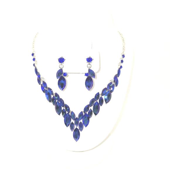 Blue/Pink Rhinestone Necklace/ Earring Set  Drop Earrings Silver Tone - Picture 1 of 6